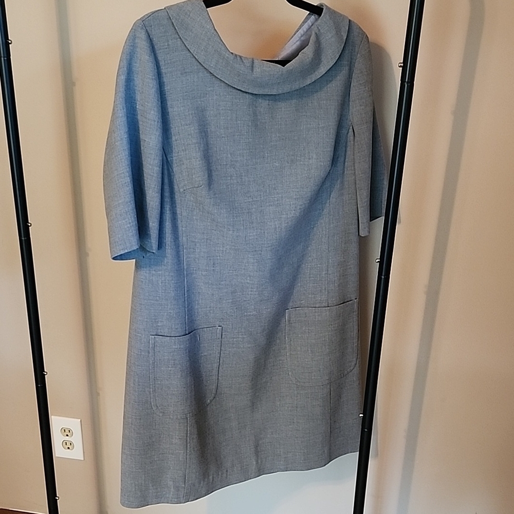 Trina Turk Pale Blue Midi Dress with Collar and Patch Pockets